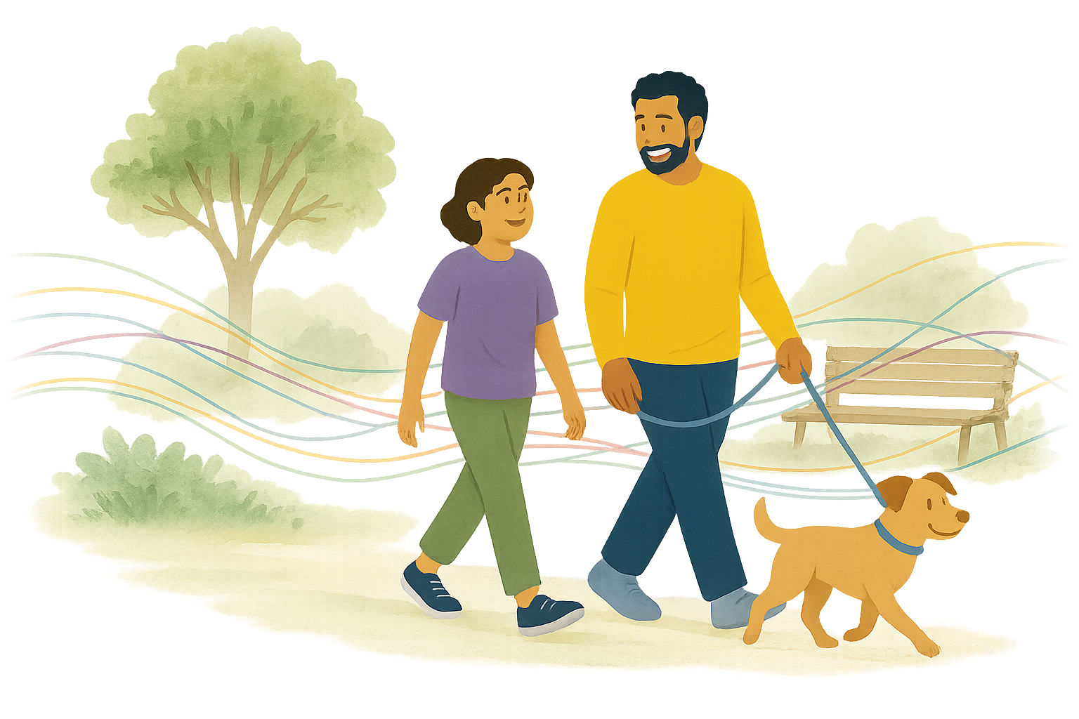 A father and daughter walking their dog together in the park