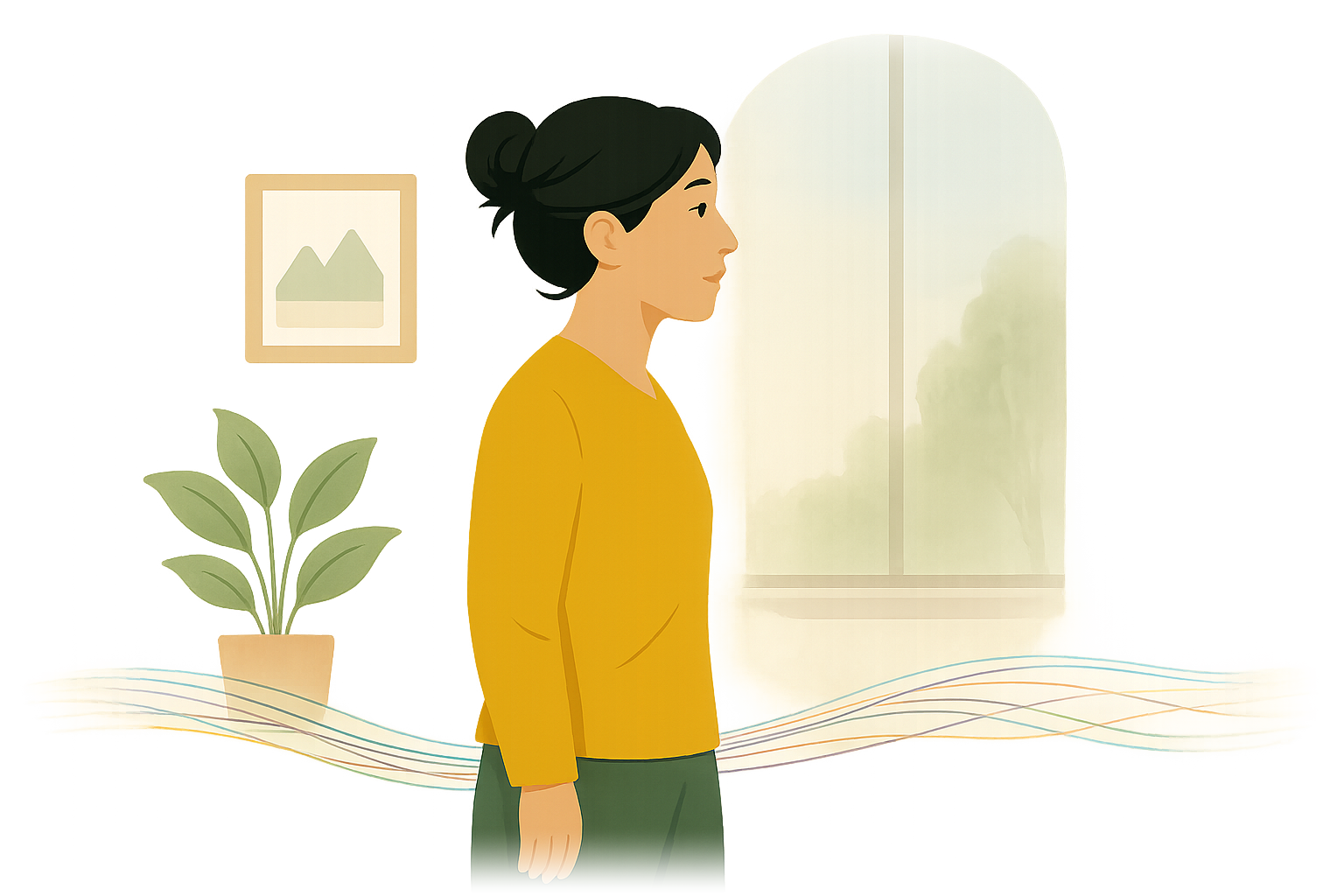A woman pausing thoughtfully by a window at home