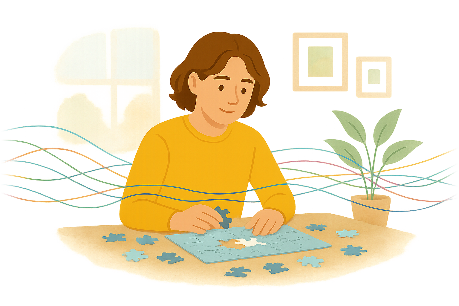 A young person completing a jigsaw puzzle at the table, calm and focused